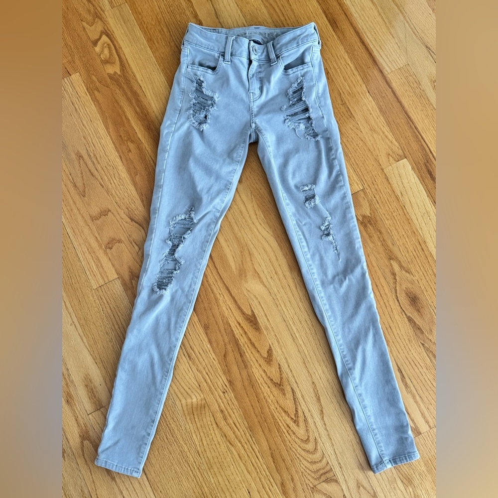 American Eagle AE Next Level Stretch Jegging 0 Long Length embroidered gray